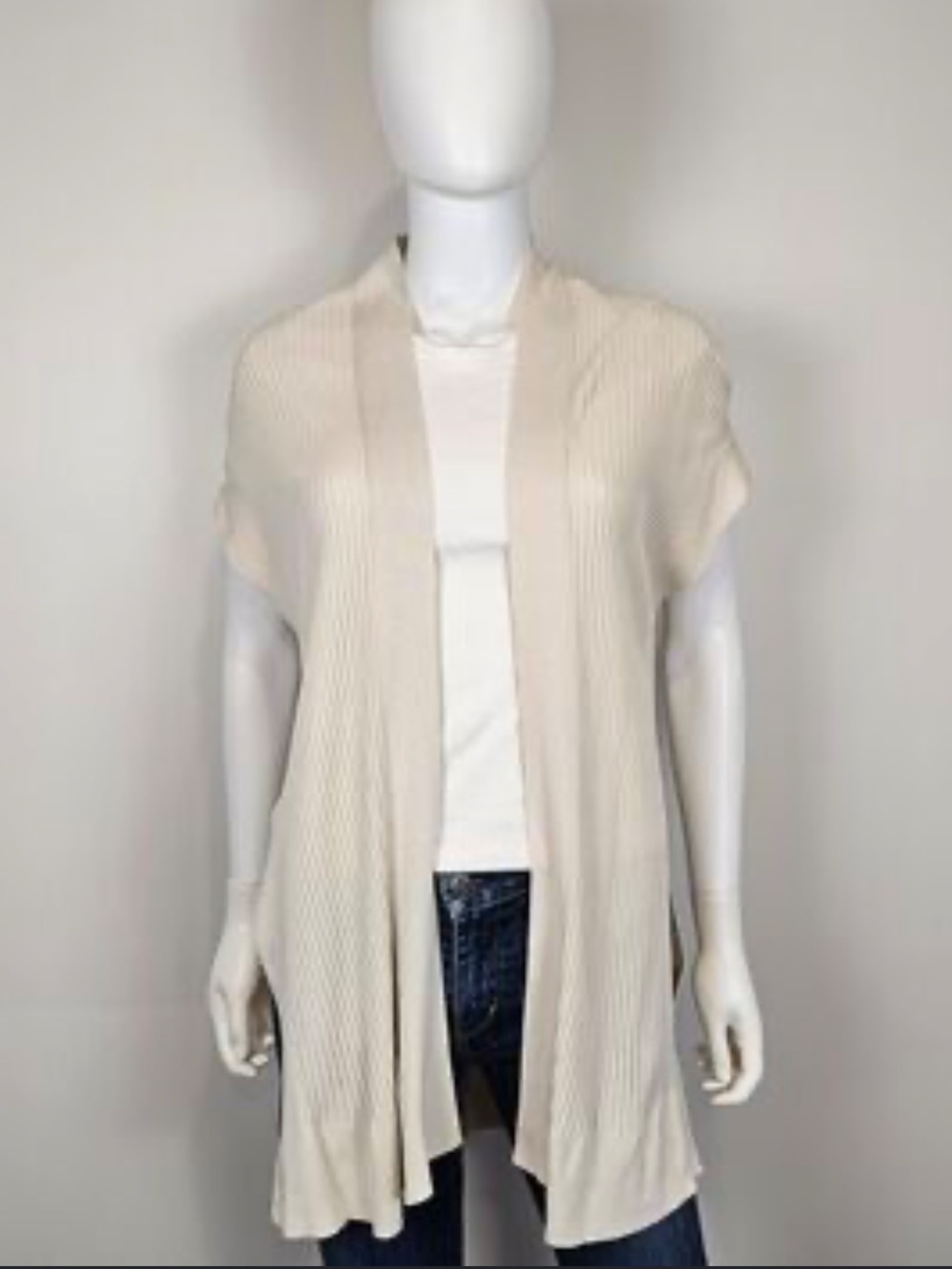 Eileen Fisher Bone Tencel Ribbed Kimono Vest Cardigan